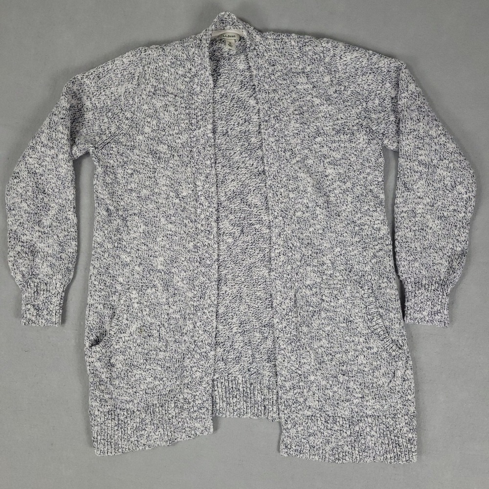 LL Bean Cardigan Womens M Blue White Marled Open Front Relaxed Cotton Sweater